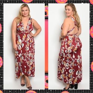 1x 2x 3x Red Dress Floral Red Wine Long Backless Criss Cross Maxi Plus Size